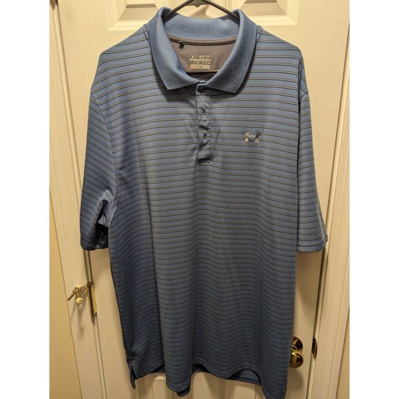 Under Armour Polo Shirt Mens 3XL Loose Blue Striped HeatGear Casual Golf Stretch - Picture 1 of 6